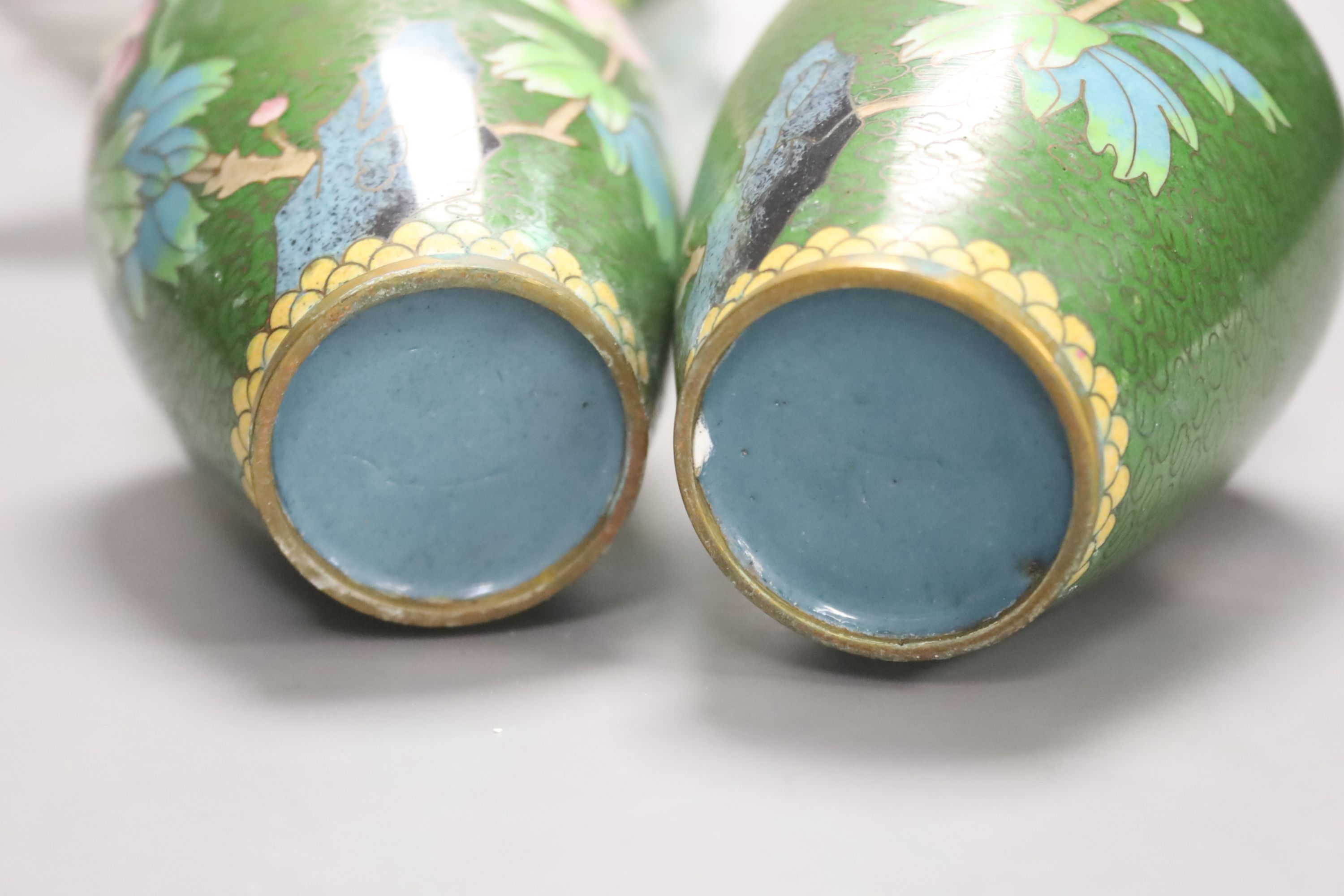 A Meissen style porcelain trinket box, a Royal Copenhagen vase, 9cm high, a cherub vase, 25cm high, and a pair of Chinese cloisonne enamel vases, 13cm high